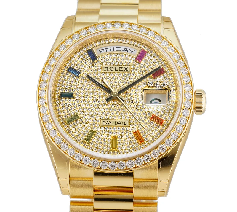 36mm President 18k Yellow Gold Diamond Bezel Diamond Pavé Rainbow Dial