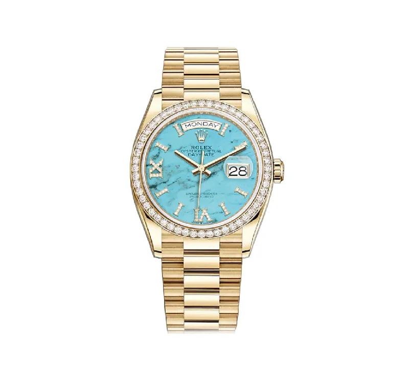 36mm 18k Yellow Gold President Diamond Bezel Turquoise Diamond Dial