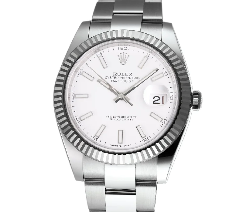 41mm Steel White Index Dial 18k White Gold Fluted Bezel Oyster Bracelet