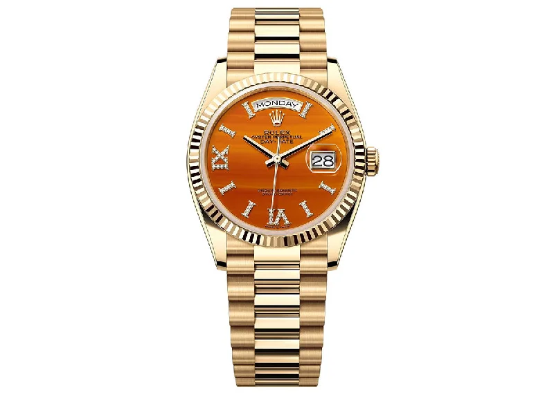 Rolex Day-Date 36mm 128238 Yellow Gold President Carnelian Diamond Set Dial