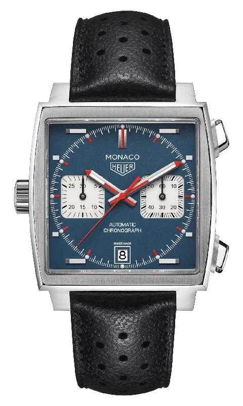 TAG Heuer Monaco Automatic Chronograph Stainless Steel Blue Dial Black Leather Strap Date Mens Watch CAW211P.FC6356