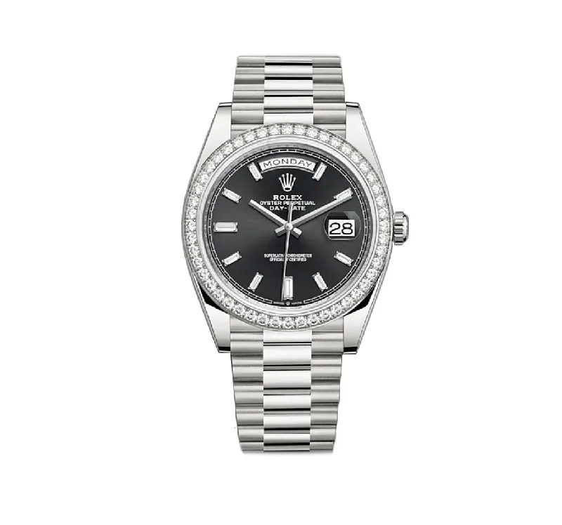 40mm 18k White Gold President Diamond Bezel Black Baguette Diamond Dial