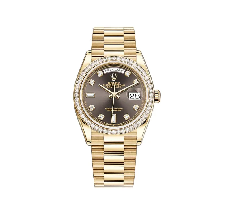 36mm 18k Yellow Gold President Diamond Bezel Dark Grey Baguette Diamond Dial