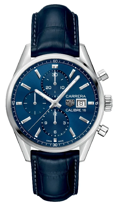 TAG Heuer Carrera Automatic Chronograph Stainless Steel Blue Dial Blue Leather Strap Date Mens Watch CBK2112.FC6292