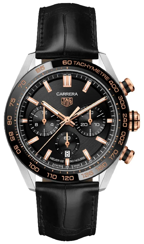 TAG Heuer Carrera Automatic Chronograph Stainless Steel Black Leather Strap Black Dial Date Mens Watch CBN2A5A.FC6481