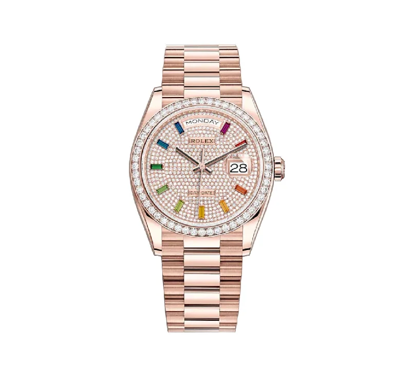 36mm 18k Everose Gold President Diamond Bezel Diamond Pavé Rainbow Dial