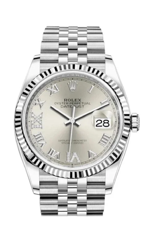 Rolex Datejust 36 Steel Datejust 36mm Fluted Bezel Silver Diamond Roman VI and IX Dial Jubilee 126234