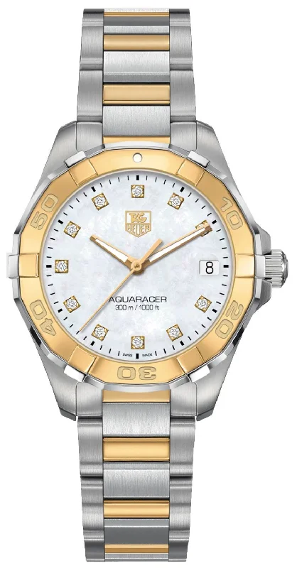 TAG Heuer Aquaracer Steel & Yellow Gold Mother-of-Pearl Dial Diamonds Date Quartz Womens Watch WAY1351.BD0917