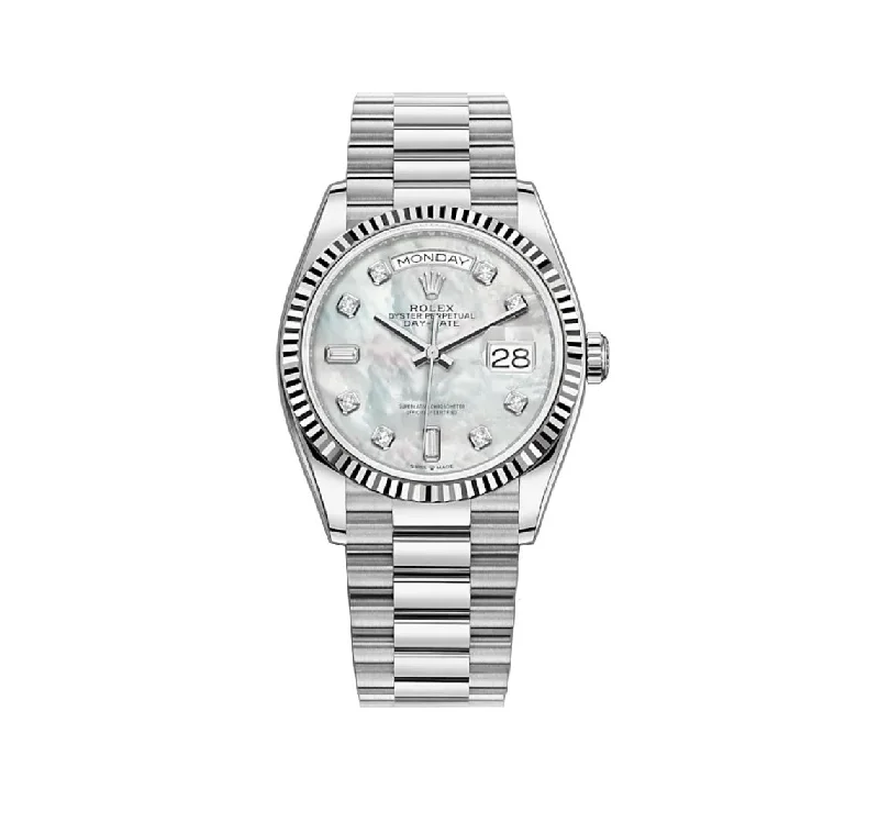 36mm 18k White Gold President MOP Baguette Diamond Dial