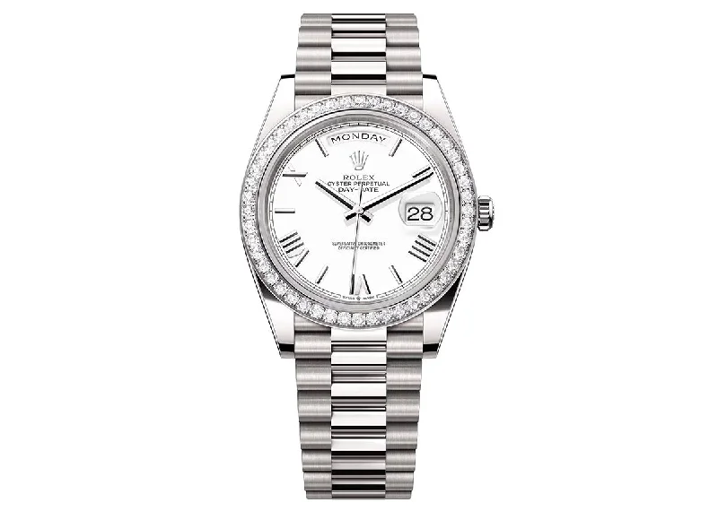 Rolex Day-Date 40mm 128235 White Gold President Diamond Bezel White Dial