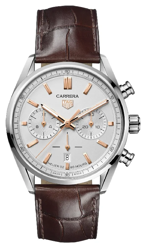 TAG Heuer Carrera Automatic Chronograph Stainless Steel Silver-Tone Dial Brown Leather Strap Date Mens Watch CBN2013.FC6483