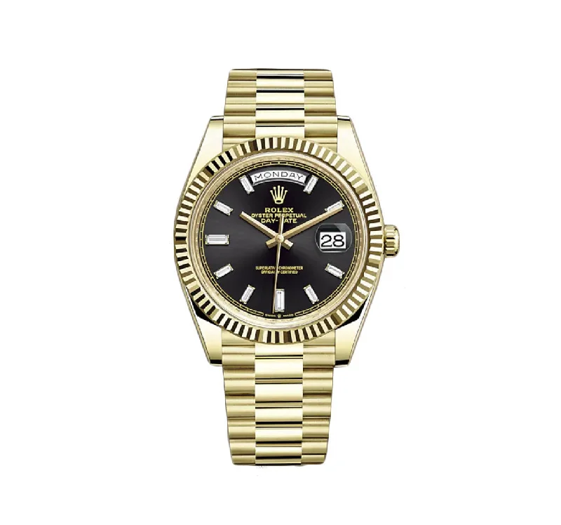 40mm 18k Yellow Gold President Black Baguette Diamond Dial