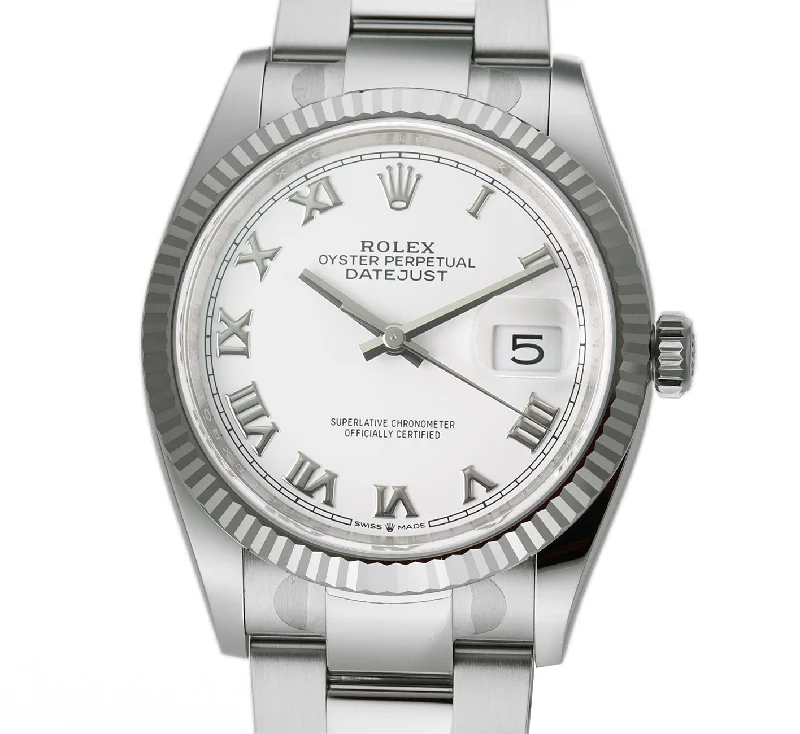 36mm Steel White Roman Dial 18k Fluted Bezel Oyster Bracelet