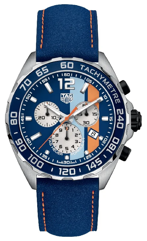 Special Edition TAG Heuer Formula 1 x Gulf Chronograph Stainless Steel Blue Dial Blue Leather Strap Date Divers Quartz Mens Watch CAZ101N.FC8243