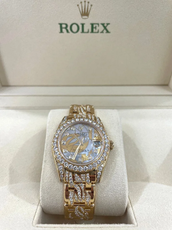 Rolex Lady Datejust Pearlmaster 81158 Flame 18k Yellow Gold Mother of Pearl Ladies Watch Factory Diamond Bezel and Factory Diamond Vine Box and Papers Unworn