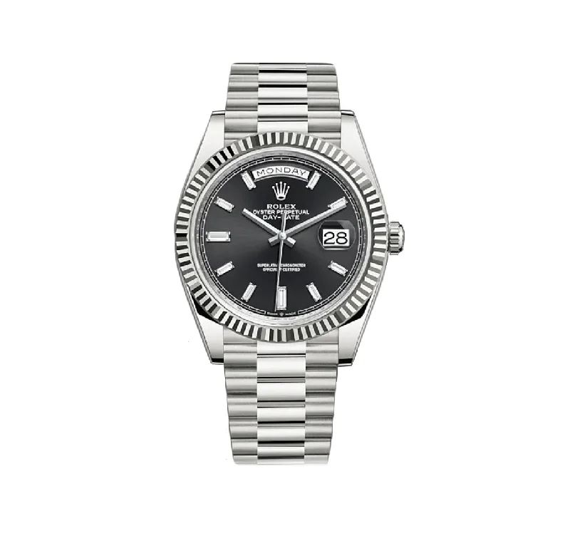 40mm 18k White Gold President Black Baguette Diamond Dial