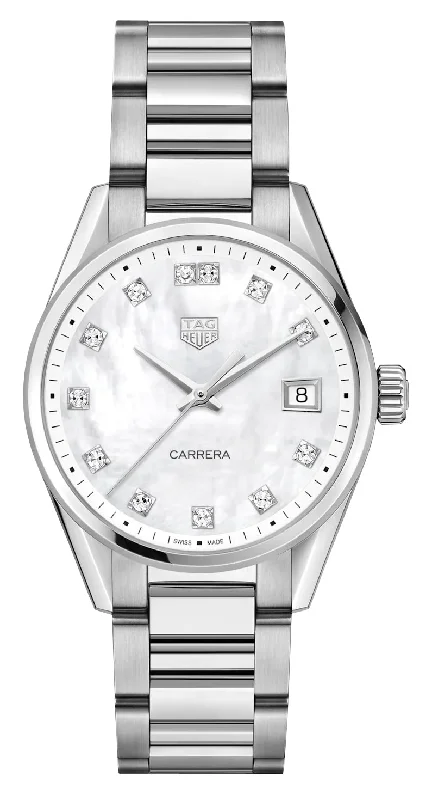 TAG Heuer Carrera Stainless Steel Mother-Of-Pearl Dial Diamonds Date Quartz Womens Watch WBK1318.BA0652