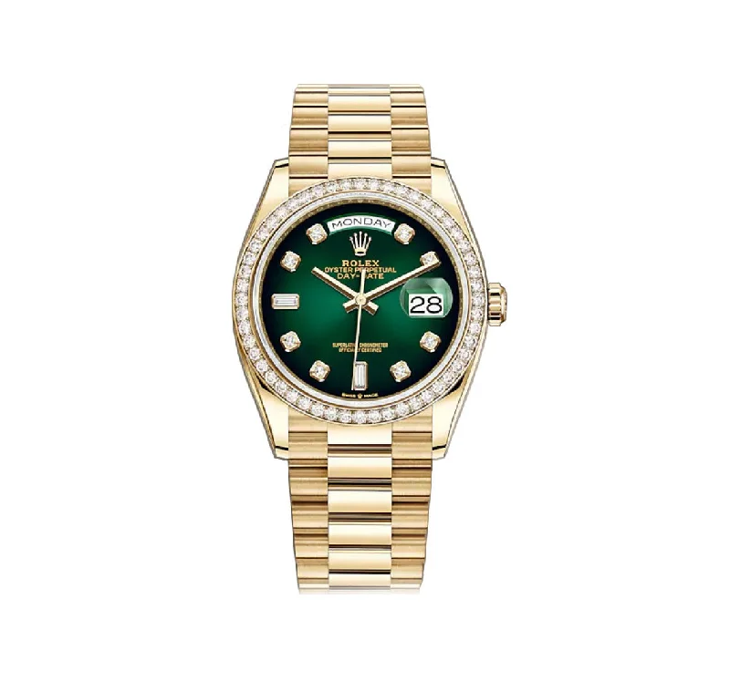 36mm 18k Yellow Gold President Diamond Bezel Green Ombré Diamond Dial