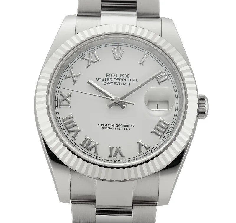 41mm Steel White Roman Dial 18k Fluted Bezel Oyster Bracelet