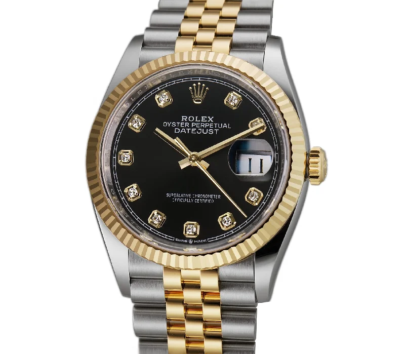 36mm Steel & Yellow Gold Fluted Bezel Black Diamond Dial Jubilee Bracelet