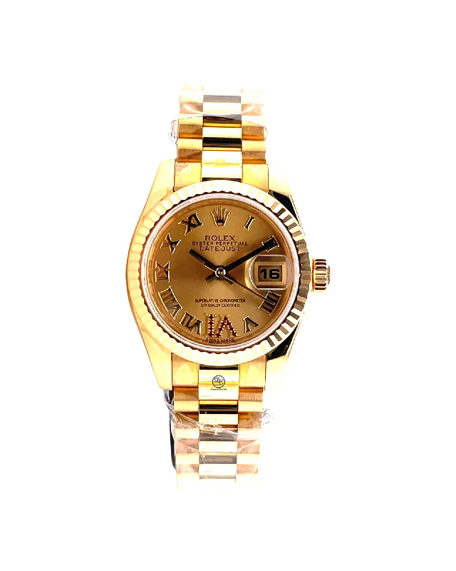 Rolex Lady-Datejust Yellow Gold Champagne Roman and Factory Ruby Dial 179178 Unworn Box and Papers