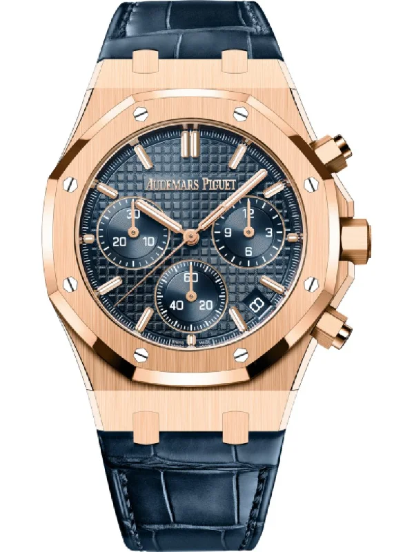 Audemars Piguet Royal Oak Chronograph 41mm 18k Rose Gold Blue Dial On Leather 26240OR.OO.D315CR.02