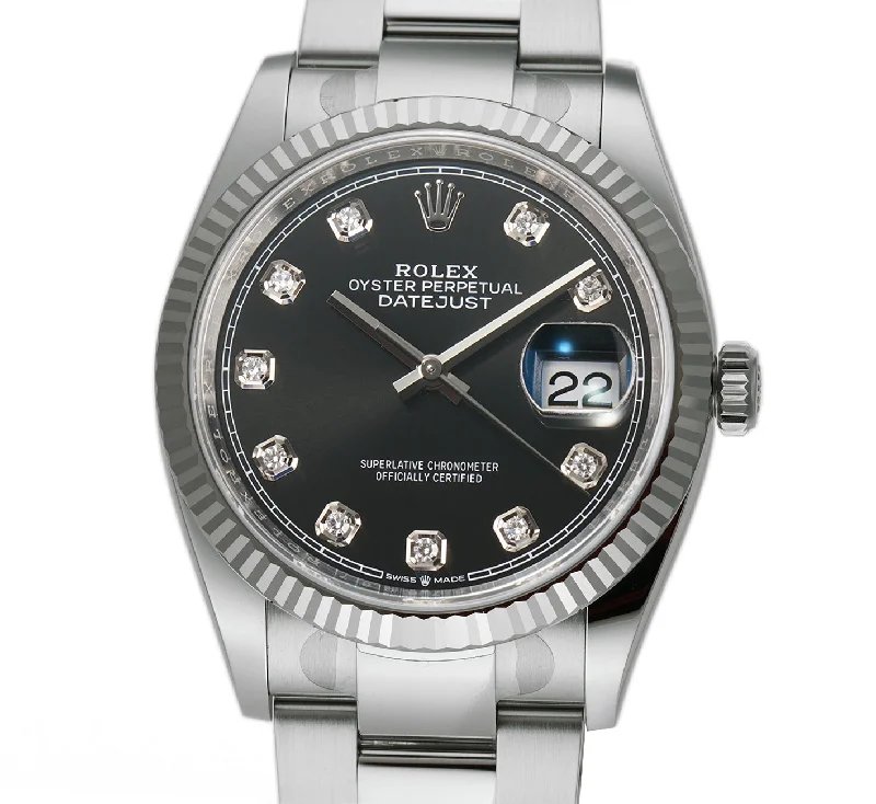 36mm Steel Black Diamond Dial 18k Fluted Bezel Oyster Bracelet