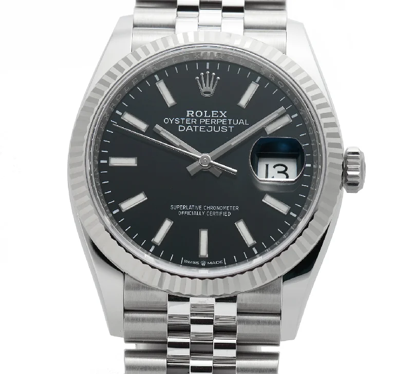 36mm Steel Black Index Dial 18k Fluted Bezel Jubilee Bracelet