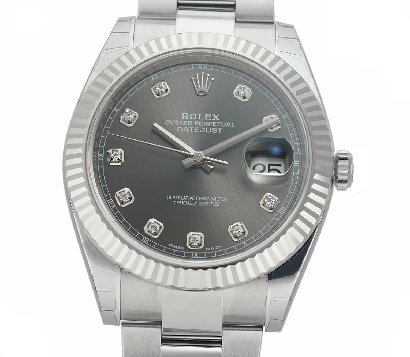 Steel Rhodium Diamond Dial Fluted Bezel Oyster Bracelet 41mm