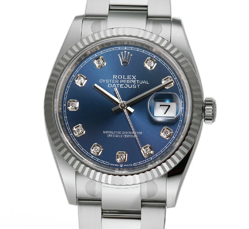 36mm Steel Blue Diamond Dial 18k Fluted Bezel Oyster Bracelet