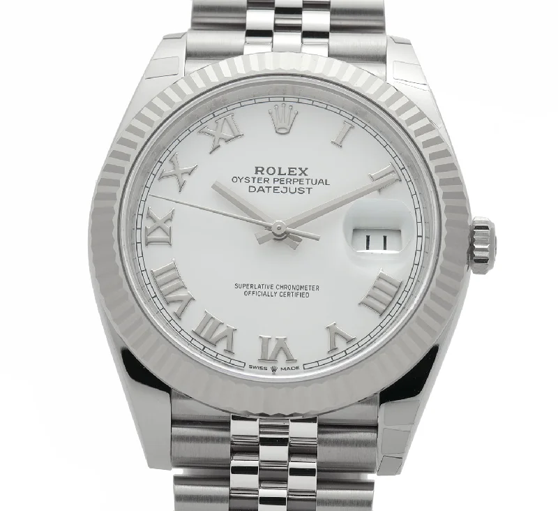 41mm Steel White Roman Dial 18k Fluted Bezel Jubilee Bracelet