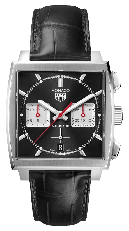 TAG Heuer Monaco Automatic Chronograph Stainless Steel Black Dial Black Leather Strap Date Mens Watch CBL2113.FC6177