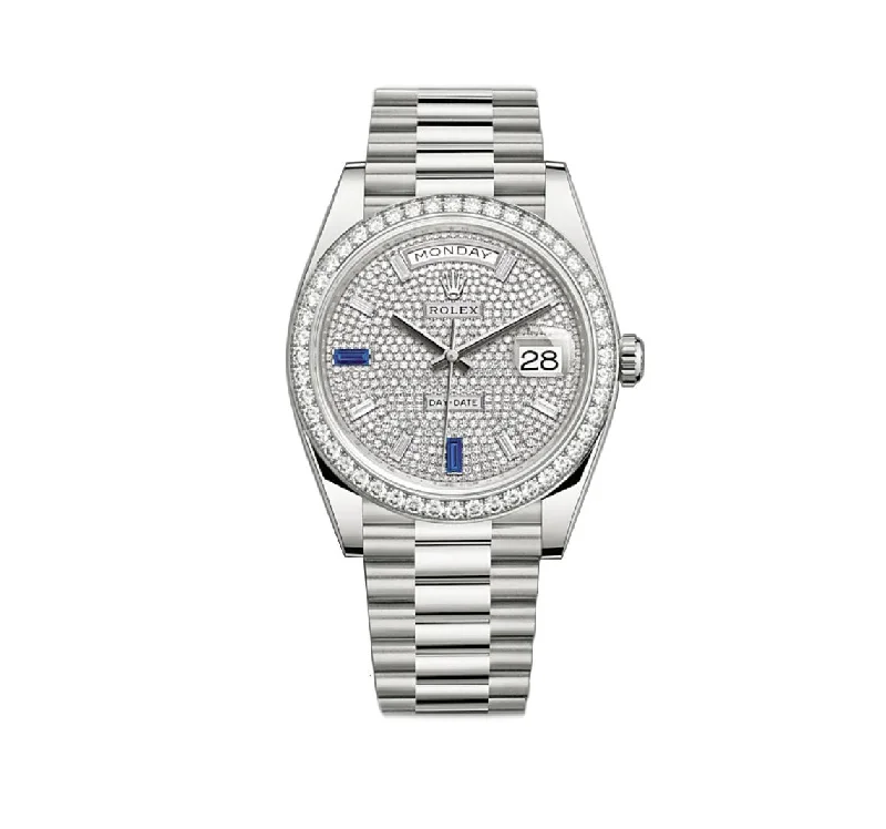 40mm 18k White Gold President Diamond Bezel Pave Diamond Baguette Sapphire Dial