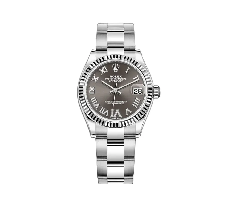 31mm Steel and 18k Fluted Bezel Dark Grey Diamond-Set Dial Oyster Bracelet