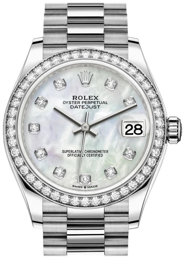 Rolex White Gold Datejust 31 Watch - Diamond Bezel - Mother-Of-Pearl Diamond Dial - President Bracelet (Reference #278289rbr)