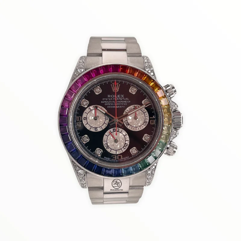 Rolex Daytona 116520 40mm Steel-Custom Rainbow Bezel-Diamond Lugs Black Dial