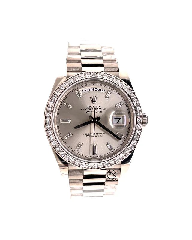 Rolex Day-Date 228349RBR President 18k White Gold Diamond Bezel Silver Baguette Diamond Dial