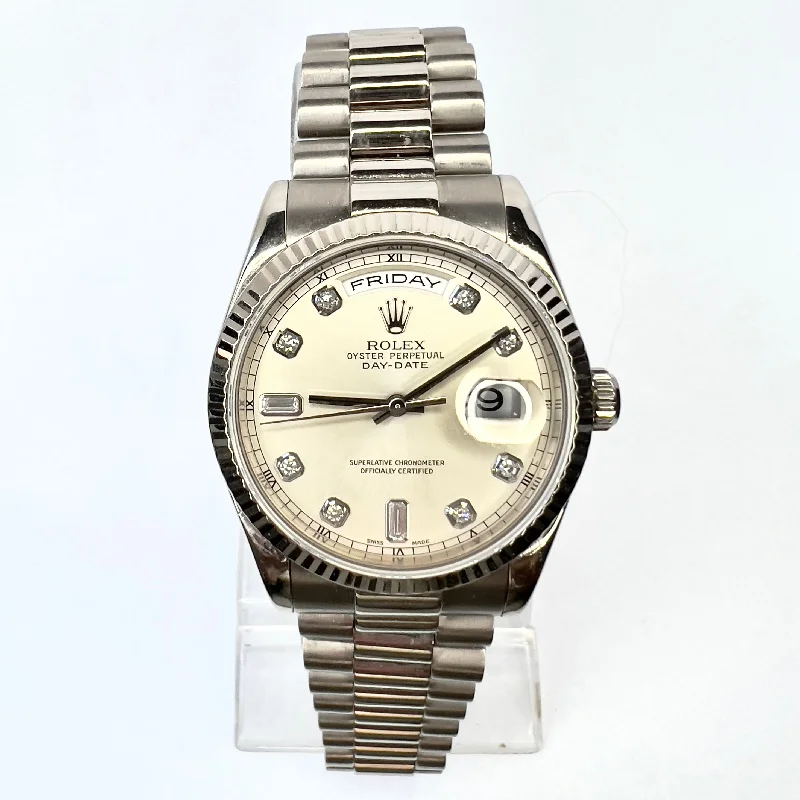 ROLEX OYSTER PERPETUAL DAY-DATE Automatic 36mm 18K WG Factory Diamond Dial Watch