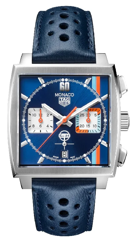 Special Edition TAG Heuer Monaco Gulf Automatic Chronograph Stainless Steel Blue Dial Blue Leather Strap Date Mens Watch CBL2115.FC6494