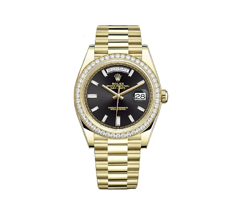 40mm 18k Yellow Gold President Diamond Bezel Black Baguette Diamond Dial