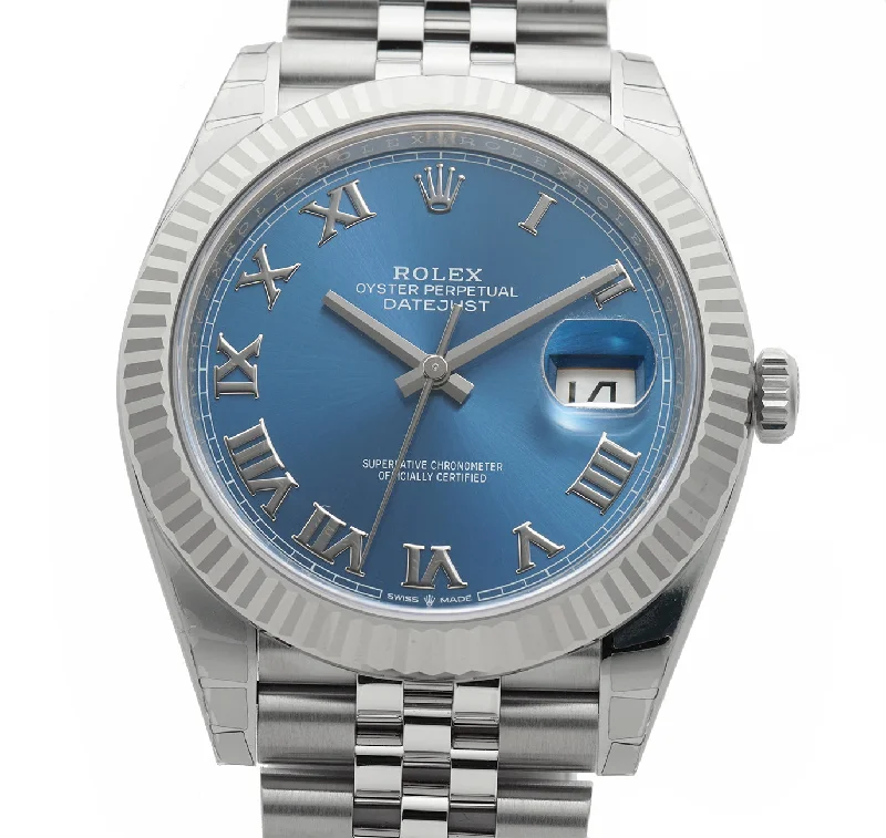 41mm Steel Blue Roman Dial 18k Fluted Bezel Jubilee Bracelet