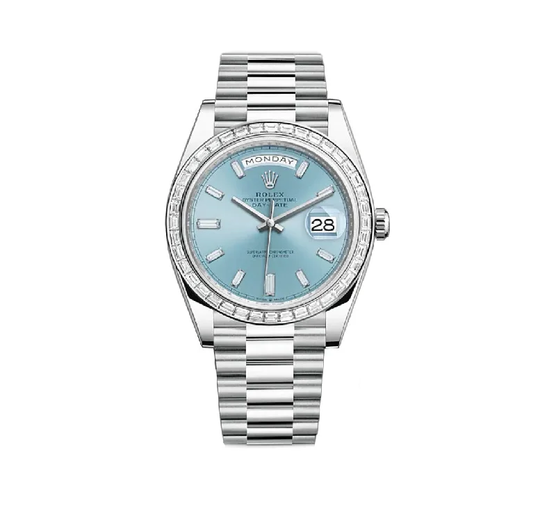 40mm Platinum President Baguette Diamond Bezel Ice Blue Baguette Diamond Dial