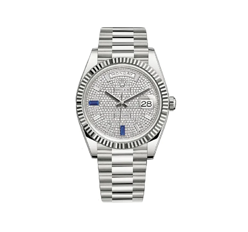 40mm 18k White Gold President Pave Diamond Baguette Sapphire Dial