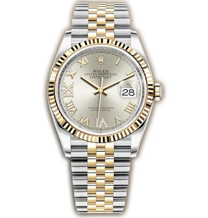 36mm Steel & Yellow Gold Fluted Bezel Silver Roman Diamond VI & IX Dial Jubilee Bracelet