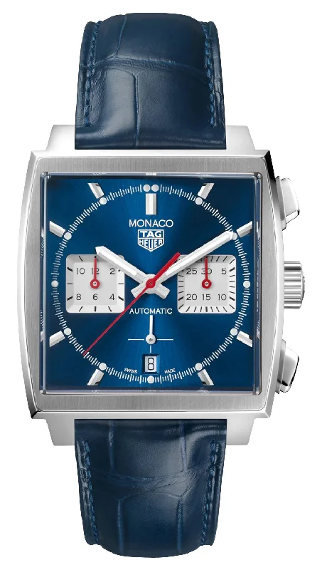 TAG Heuer Monaco Automatic Chronograph Stainless Steel Blue Dial Blue Leather Strap Date Mens Watch CBL2111.FC6453