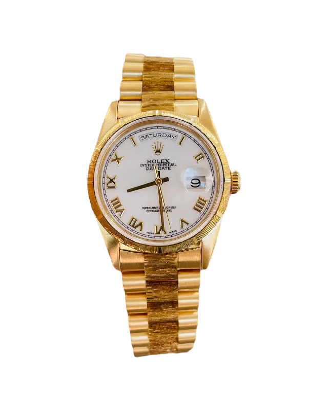 Rolex Day Date 36 18248 Factory Bark Finish White Roman Box and Papers PreOwned