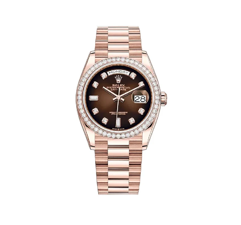 36mm 18k Everose Gold President Diamond Bezel Brown Ombré Baguette Diamond Dial