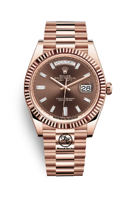 PreOwned Rolex Day-Date 40mm Everrose Gold 228235 Factory Chocolate Baguette Dial Box/Papers