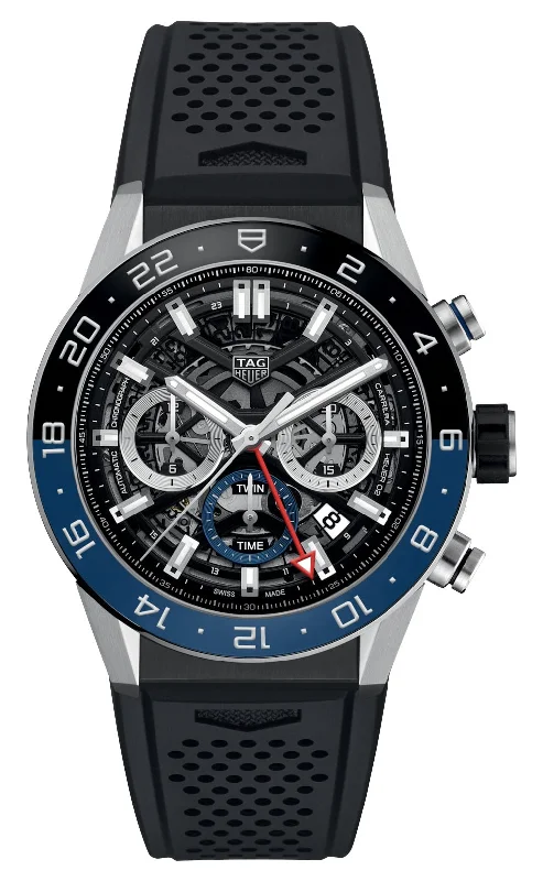 TAG Heuer Carrera Automatic GMT Chronograph Stainless Steel Black Skeleton Dial Black Rubber Strap Date Mens Watch CBG2A1Z.FT6157