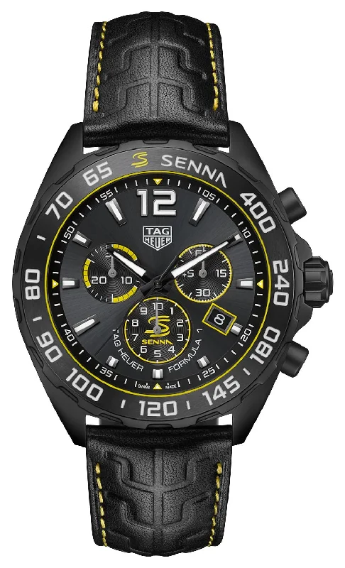 Special Edition TAG Heuer Formula 1 x Senna Chronograph Black DLC Steel Gray Dial Black Leather Strap Date Divers Quartz Mens Watch CAZ101AJ.FC6487